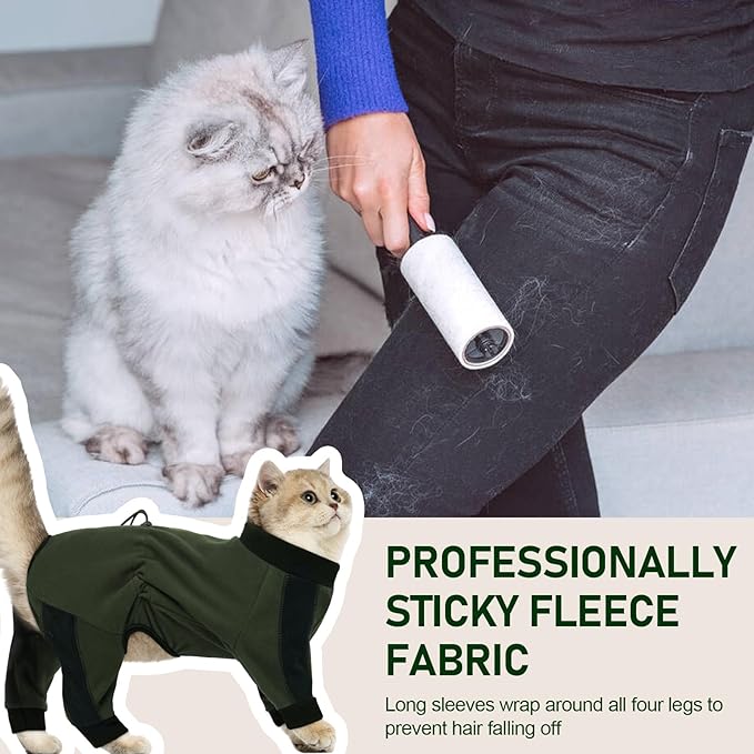 Cat Pajamas for Cats Only, Sticky Hair Cat Clothes, Long Sleeve Sphynx Clothes, Anti-Licking or Skin Disease Recovery Suit for Female Cats, Kitten Onesie Pajamas, ArmyGreen, XS