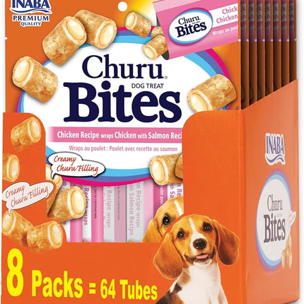 INABA Churu Bites for Dogs, Soft & Chewy Dog Treats with Vitamin E, 0.42 Ounces Each Tube, 64 Tubes Total (8 Tubes per Pack), Chicken with Salmon Recipe