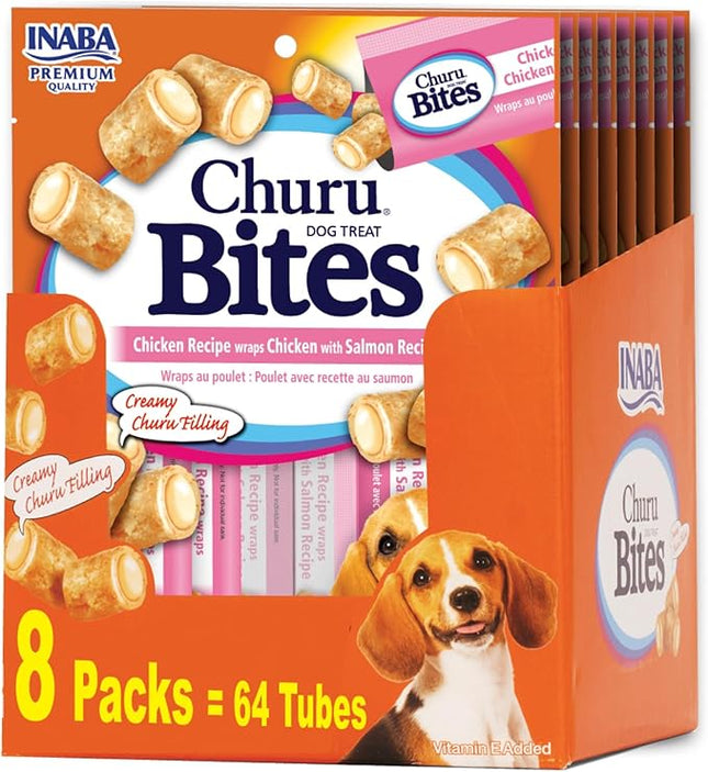 INABA Churu Bites for Dogs, Soft & Chewy Dog Treats with Vitamin E, 0.42 Ounces Each Tube, 64 Tubes Total (8 Tubes per Pack), Chicken with Salmon Recipe