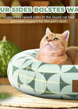 Cat Bed, 20In Dog Beds for Small Dogs, Calming Cat & Dog Beds for Indoor Pets, Pet Beds Comfortable Donut Round Ultra Soft (Green Pattern, 20.0" L x 20.0" W x 6.5" Th)