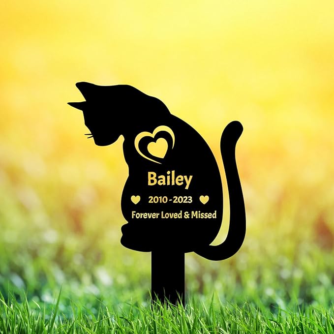Custom Metal Cat Memorial Grave Marker Garden Stake, Personalized Pet Memorial Stake Grave Marker for Cat Grave Decorations, Customized Cat Headstone Tombstone Memorial Markers for Outdoors