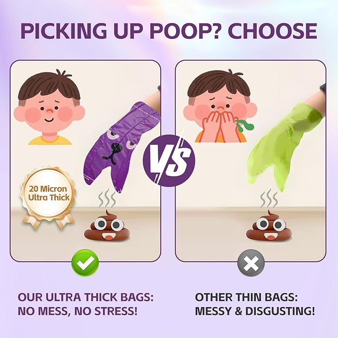 270 Count Scented Dog Poop Bags Rolls, 20 Micron Ultra Thick, Heavy Duty Tear Resistant Leak Proof for Yuck-Free Cleanup, Includes Dispenser & Leash Clip, 9 x 13 Inch, Gaze Doodle (Purple)