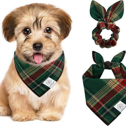 E-Clover Christmas Dog Bandana & Matching Scrunchie Green Red Plaid Pet Dog Scarf Cute Dogs Costumes Accessories for Small Medium Large Dogs