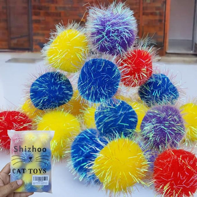 20 Pieces 1.6 inches Sparkle Pom Pom Balls for Cat - Interactive Glitter Balls, Multicolor, Best as Kitten Play Toys