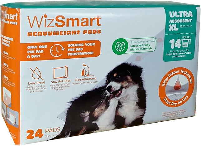 WizSmart Heavyweight Dog Pee Pads for Large Dogs, Puppies, Seniors – Ultra Absorbent, Leak Proof, Odor Control, Quick Dry, XL Training Pads with Stay Put Tabs – 23.5" x 31.5", 14 Cup Capacity