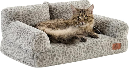 Hollypet Fluffy Plush Pet Cat Couch Soft Calming Pet Sofa Beds for Medium Small Cats and Dogs, Snow Leopard