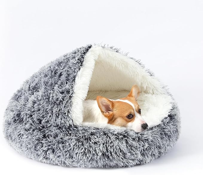 Dog Bed Round Hooded Plush Cat Cave Self Warming Pet Bed Donut Anti Anxiety Fluffy Pet Bed for Puppy and Kitty