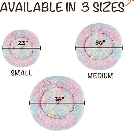 Friends Forever Donut Dog Bed Faux Fur Fluffy Calming Sofa For Small Dogs, Soft & Plush Anti Anxiety Pet Couch For Dogs, Machine Washable Coco Pet Bed with Non-Slip Bottom, 23"x23"x6" Rainbow