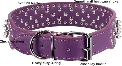 Hoot PU Leather Adjustable Spiked Studded Dog Collar 2" Wide 37 Spikes (M(Neck 19"-22"), Purple)