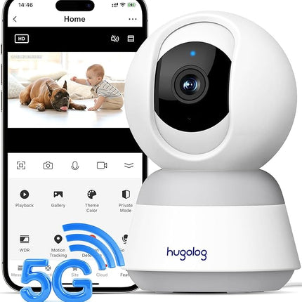 Hugolog 3K 5MP Indoor Pan/Tilt Security Camera with Auto-Focus,2.4 GHZ/5 GHZ,Ideal for Baby Monitor/Pet Camera,Starlight Color Night Vision,Human/Pet AI,Noise Reduction,US Cloud,Works with Alexa