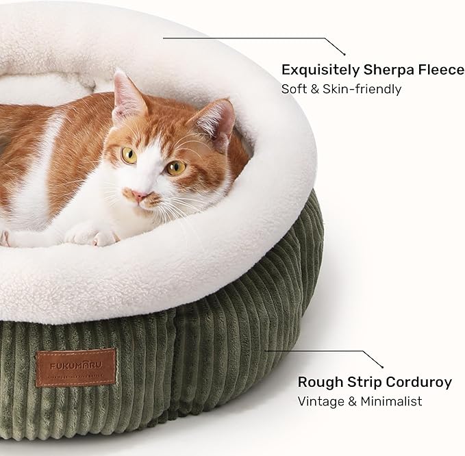 FUKUMARU Cat Bed, Corduroy Round Cat Beds for Indoor Cats, Washable Fluffy Pet Bed for Cats and Puppy, Soft Cute Small Dog Beds, Green