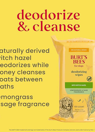 Burt's Bees for Pets Deodorizing Dog Wipes with Witch Hazel, Lemongrass and Sage Fragrance, 98% Natural Origin Formulas, Dog Wipes Cleaning and Deodorizing, 100ct
