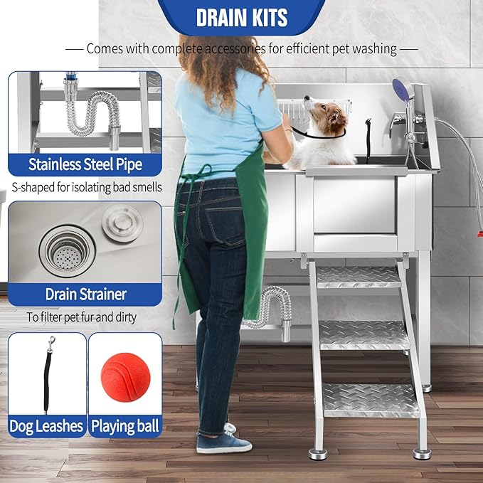 Professional Stainless Steel Dog Grooming Tub W/Soap Box, Faucet,Rich Accessory, Bathtub For Multiple Pets, Washing Sink For Home