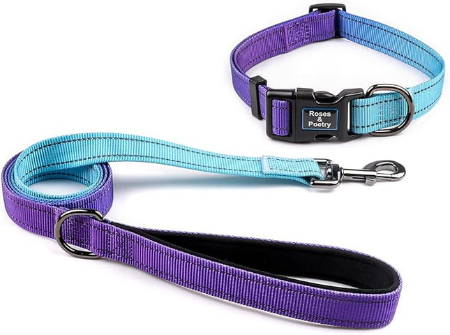 Roses&Poetry Reflective Dog Collar and Leash with Gradient Violet, Adjustable Durable Pet Collars Leash for Medium Large Dogs （Violet-M