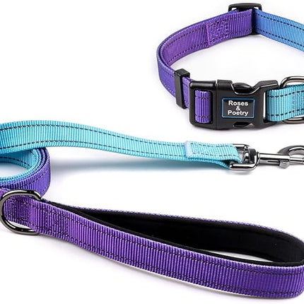 Roses&Poetry Reflective Dog Collar and Leash for Small Dogs, Puppy Collars with Leashes Set Gradient Violet, Adjustable Durable Pets for Extra Puppies（Violet-XS