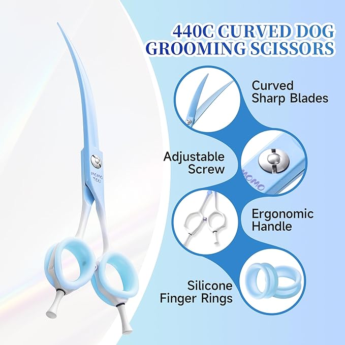 Curved Dog Grooming Scissors Blue to White Gradient 440C Stainless Steel Pet Grooming Shears Sharp Durable Dog Shears for Professional or Home Use Ergonomic Handle with 2 Silicone Finger Rings