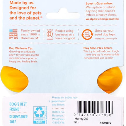 WEST PAW Hurley Dog Bone Chew Toy for Tough Chewers- Safe and Durable Fetch and Chew Toy for Dogs- Dishwasher Safe, Lightweight, Floatable, Made in USA - for Small Dogs - Sunflower Yellow, XS