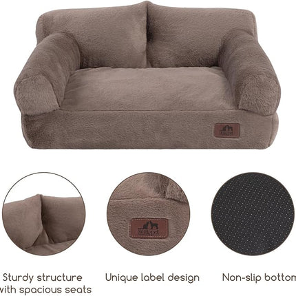 Hollypet Fluffy Plush Pet Sofa Soft Calming Pet Sofa Beds for Medium Small Cats and Dogs, Dark Brown