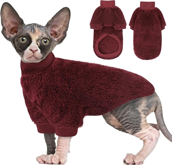 SUNFURA Sphynx Cat Sweater, Hairless Cats Turtleneck Pullover Kitten Sweaters for Cats Only, Warm and Soft Cat Pajamas Shirt with Sleeves Pet Winter Clothes Fleece Jumpsuit for Puppy, Burgundy M