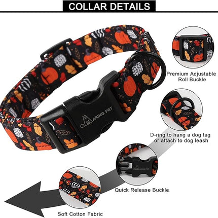 ARING PET Halloween Dog Collar, Cute Black Pumpkin Leaves Halloween Party Cotton Lightweight Pet Collars with Quick Release Buckle for Puppy Small Medium Large Boy Girl Dogs-M