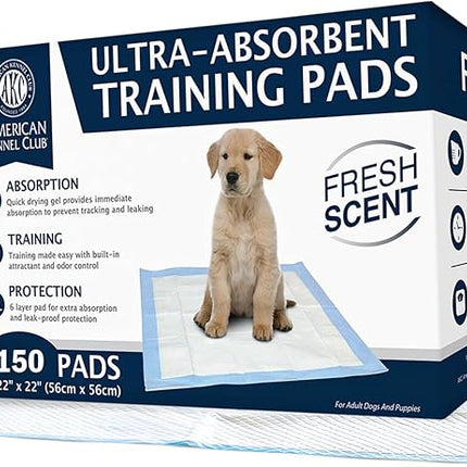 American Kennel Club Ultra Absorbent Odor Control Scented Training Pads For Dogs Leak-proof Quick Dry Gel – 22 x 22 Puppy Pads - Fresh Scented - Pack of 150