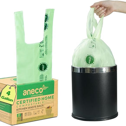 ANECO 4 Gallon Compostable Food Waste Bags with Handles, Extra Thick Compost Bags for Medium Kitchen Garbage/Bathroom Bin, OK Compost HOME & BPI Certified Compostable Bags