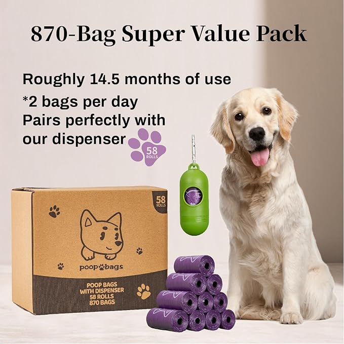 870 Counts Dog Poop Bags Rolls with Dispenser & Leash Clip, Scented Poop Bags for Dogs Waste, Extra Thick & Leak Proof for Poop Doggie Puppy Pet Waste, 9" x 13", Purple