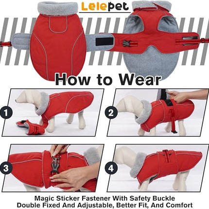 Lelepet Warm Dog Coat - Reflective Waterproof Fleece Vest with Adjustable Buckle Hook & Loop, Windproof Winter Jacket Dog Coats for Small Medium Large Dogs, Red, XXL