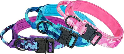 Hotsky Tactical Dog Collar, Adjustable Military Training Nylon Airtag Collar with Handle and Heavy Duty Metal Buckle for Medium Large Dogs, with Airtag Holder and Two Patches（Purple Camo,M）