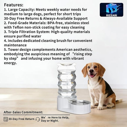 RIZZARI Large Gravity Water Dispenser: 8L Automatic Stainless Steel Dog Water Feeder with Specialized Brush and Triple Filter for Senior Pets with Spinal Problems - for Kitchen Living Room