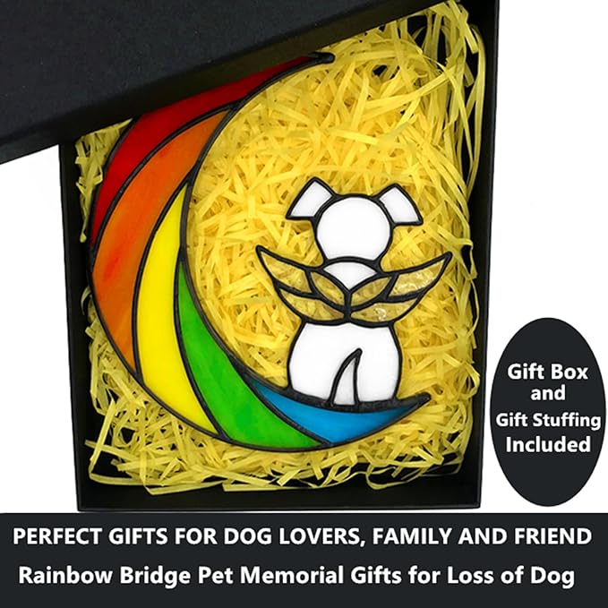 Stained Glass Rainbow Bridge White Dog Memorial Gifts for Loss of Dog Sympathy Remembrance Suncatcher, Thoughtful Pet Loss Bereavement Gifts in Memory of Pet Passing Away Window Hanging.