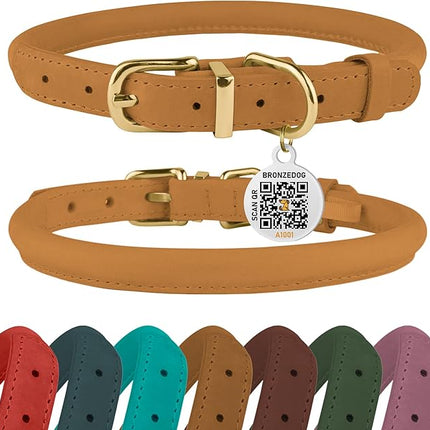 BronzeDog Rolled Leather Dog Collar with QR ID Tag, Adjustable Soft Round Collars for Small Medium Large Dogs Puppy (9" - 11" Neck Size, Mustard)