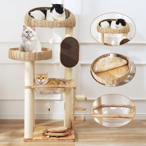 Cat Tree, Modern Cat Tree Tower with Space Capsule, Hand-Woven Basket Nest, Sisal Posts & Scratching Board, 50 Inch Heavy-Duty Multi-Level Indoor Wood Tower