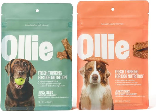 Ollie Jerky Dog Treats Variety Pack, Chicken and Apple and Beef and Sweet Potato Bundle, All Natural, Healthy, Made with Real Meat 10 Oz. Pack of 2