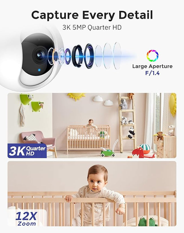 Hugolog 3K 5MP Indoor Pan/Tilt Security Camera with Auto-Focus(2pcs),Ideal for Baby Monitor/Pet Camera/Home Security,Starlight Color Night Vision,Human/Pet AI,Noise Reduction,US Cloud,Works with Alexa