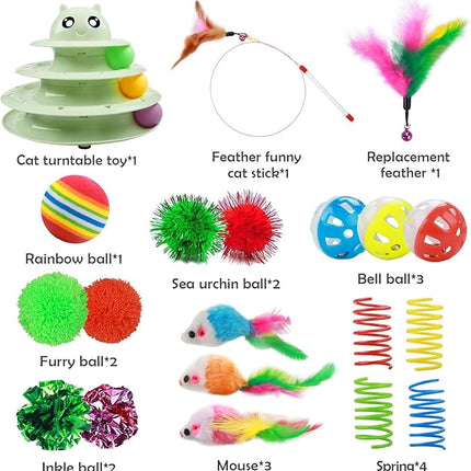 UPSKY 20 PCS Cat Toys - 3-Level Turntable Roller With Balls for Indoor Cats, Kitten Set With Teaser, Mice, Spring, and Various Ball Toys