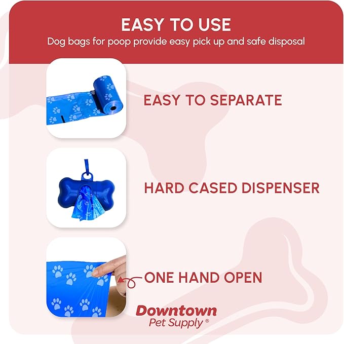 Downtown Pet Supply Poop Bags for Dogs with Dispenser, 180 Count - Leak-Proof Dog Waste Bags and Bone-Shaped Dog Poop Bags Holder for Leash - Rainbow with Paw Prints, 12.5" x 8.5"