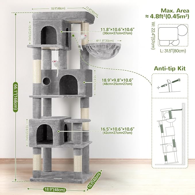 Globlazer Corner Cat Tree 66 inch Multi-Level Climbing Tower Kitty Condos Cat Scratching Tower for Indoor Multiple Cats with Large Platform, 3 Cat Caves, F66, Light Grey