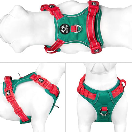PHOEPET No Pull Dog Harness, Unique Colors Reflective Adjustable Dog Vest, with Soft Training Handle Metal Clips for Small Medium Large Dogs (Dark Green Base & Red Straps,L)