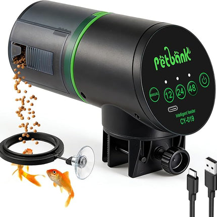 Automatic Fish Feeder for Aquarium - Auto Fish Food Dispenser Rechargeable for Small Large Tank with USB Charger Cable，12/24/48H Interval Esay Set Up (Black, CY-019)