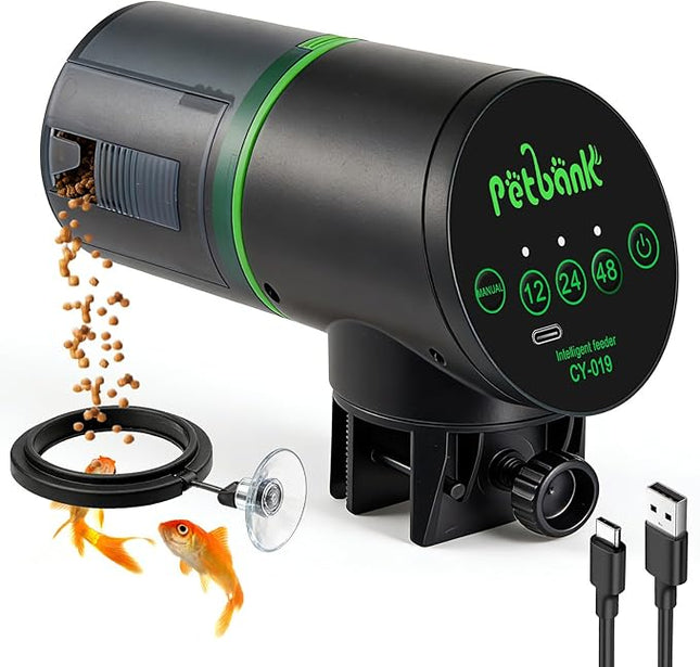 Automatic Fish Feeder for Aquarium - Auto Fish Food Dispenser Rechargeable for Small Large Tank with USB Charger Cable，12/24/48H Interval Esay Set Up (Black, CY-019)
