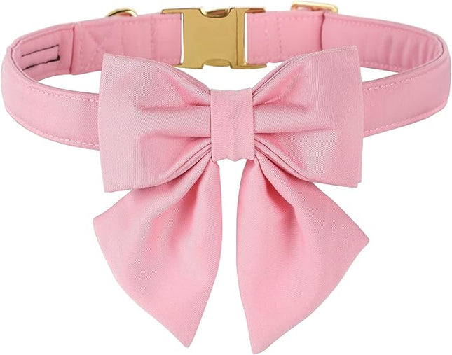 Maca Bates Cherry Pink Dog Collar with Cute Solid Sailor Bow Tie for Large Girl Boy Dogs,Girly Adjustbale Durable Breakaway Soft Collars with Bowtie for Female Male Puppy,Pet with Metal Buckle