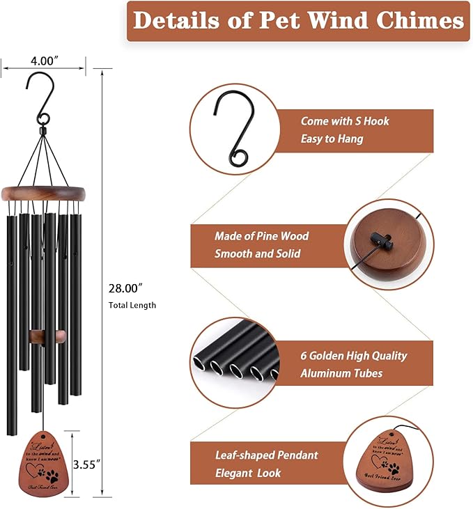Dog Memorial Gifts, 28" Pet Memorial Wind Chimes, Loss of Dog Sympathy Gift, Pet Loss Passing Away Remembrance Bereavement Gift