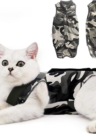 Cat Recovery Suit for Male and Female Surgical Post Surgery Soft Cone Onesie Shirt Clothes Neuter Licking Protective Diapers Outfit Cover Kitten Spay Collar(S, Camouflage)