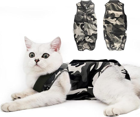 Cat Recovery Suit for Male and Female Surgical Post Surgery Soft Cone Onesie Shirt Clothes Neuter Licking Protective Diapers Outfit Cover Kitten Spay Collar(L, Camouflage)