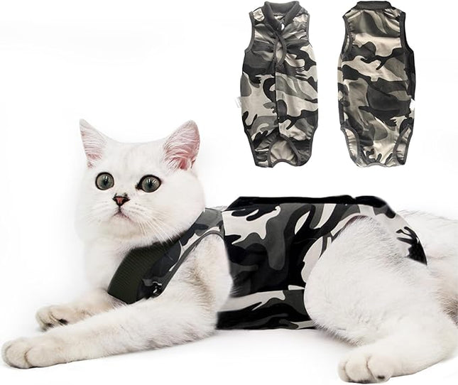 Cat Recovery Suit for Male and Female Surgical Post Surgery Soft Cone Onesie Shirt Clothes Neuter Licking Protective Diapers Outfit Cover Kitten Spay Collar(L, Camouflage)