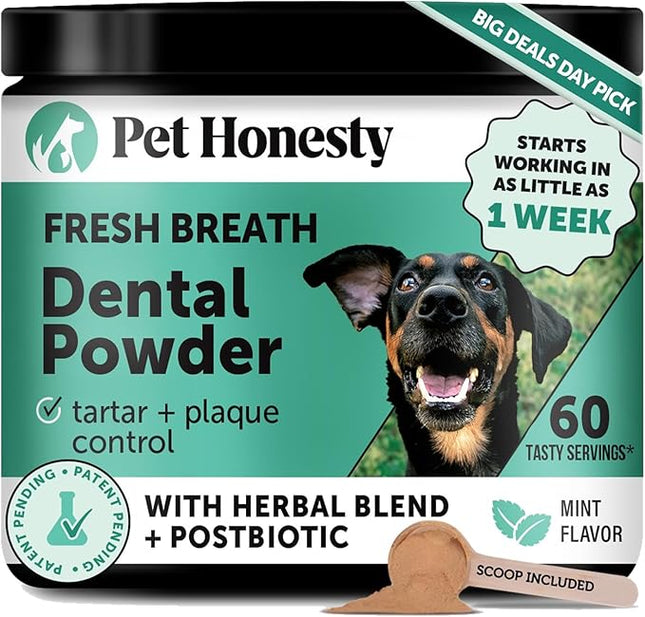 Dog Breath Freshener Dental Powder for Teeth Cleaning Plaque Off, Dental Care for Large Dogs, Tartar Remover for Teeth with Natural Herbal Blend + Postbiotics (Mint - 60 Servings)