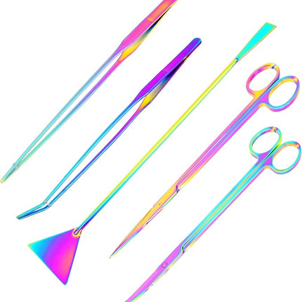 Mandala Crafts Rainbow Stainless Steel Aquascaping Tools Kit – Aquarium Plant Tools with Tweezers, Spatula, and Scissors for Fish Tanks, Hospital Tanks, Goldfish Bowls, Aquariums, and Terrariums