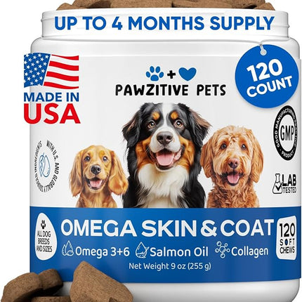 Omega 3 Fish Oil for Dogs Chews - Dog Skin & Coat Supplement for Itch Relief, Hot Spot Treatment - USA Product - Salmon Oil for Dogs Itching Skin Relief, Shedding, Hip & Joint Health - 120 Soft Treats