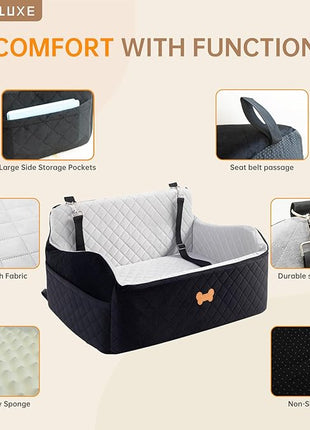 Car Seat for Large Size Dog, Booster Seat for Dogs Under 55 lbs or 2 Small Dogs, Soft Car Dog Bed Filling in Thick Memory Foam with 2 Safety Leashes and Storage Pocket (Grey/Black)
